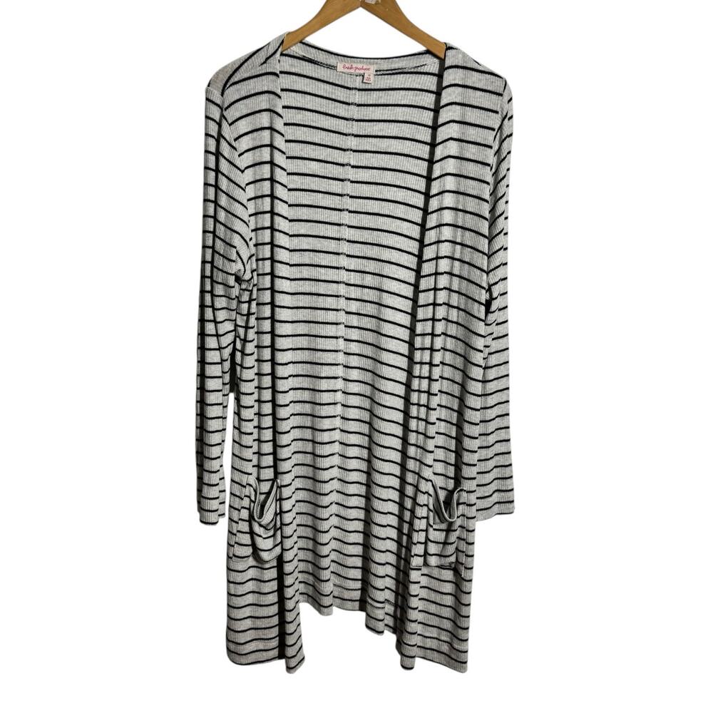 Fresh Produce Open Front Cardigan Sweater‎ Women L Gray Blue Nautical Stripe USA